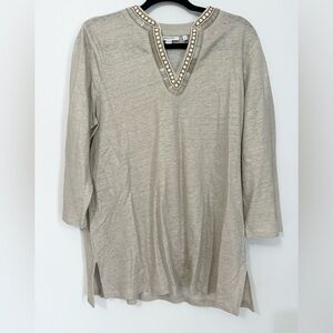 Women's CHICO'S Linen V Neck Tunic Top w Beading Size large boho indie